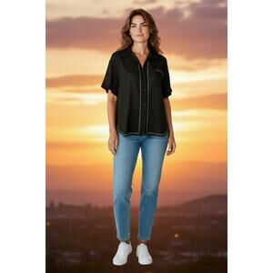 Desigual Oversized Embroidered Back Shirt Black Button Up Boho Resort L XL